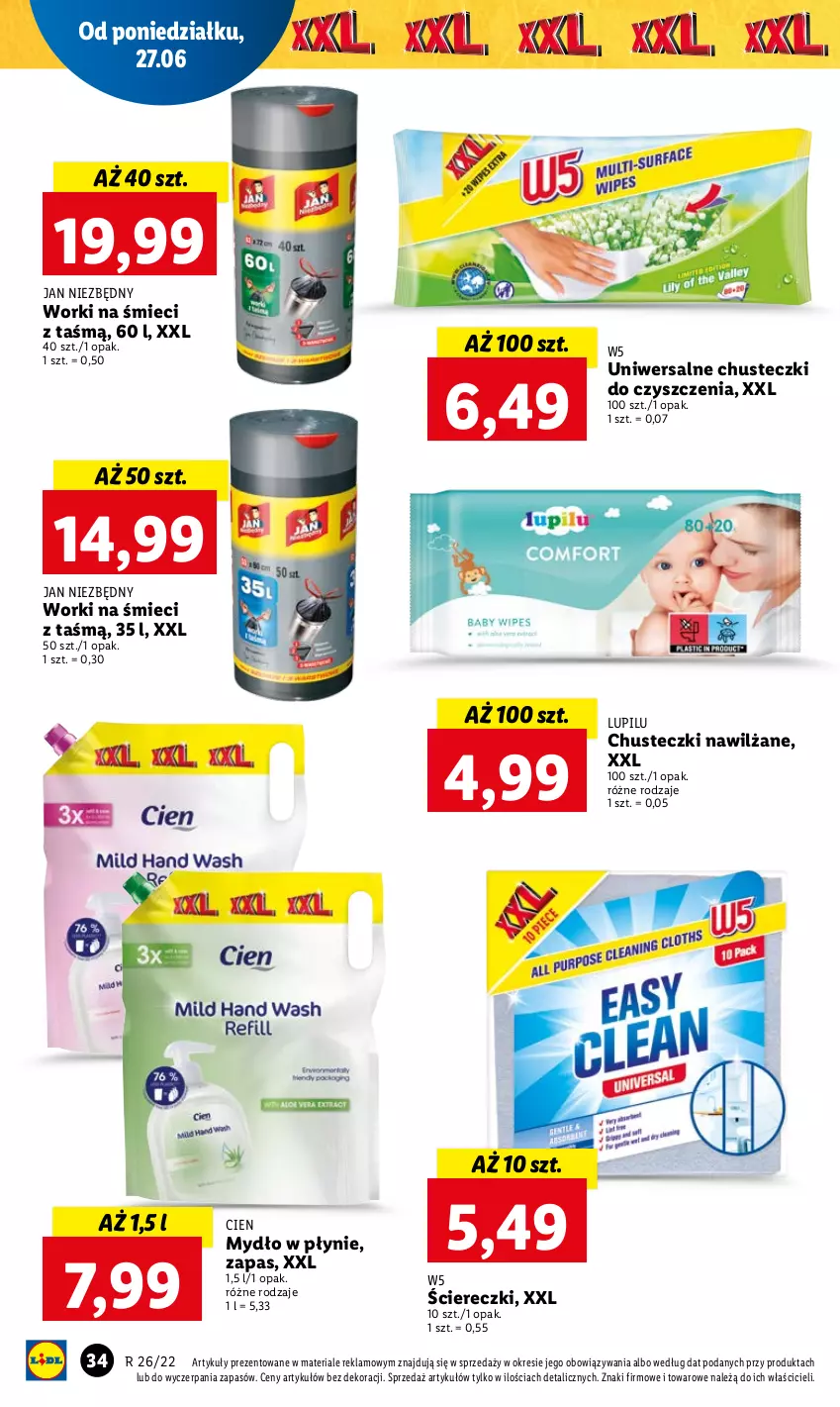 Gazetka promocyjna Lidl - GAZETKA - ważna 27.06 do 29.06.2022 - strona 34 - produkty: Chusteczki, Chusteczki do czyszczenia, Jan Niezbędny, Mydło, Mydło w płynie, Worki na śmiec, Worki na śmieci