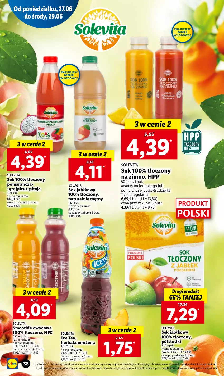 Gazetka promocyjna Lidl - GAZETKA - ważna 27.06 do 29.06.2022 - strona 38 - produkty: Ananas, Grejpfrut, Herbata, HP, Ice tea, Mango, Melon, Smoothie, Sok, Sok jabłkowy