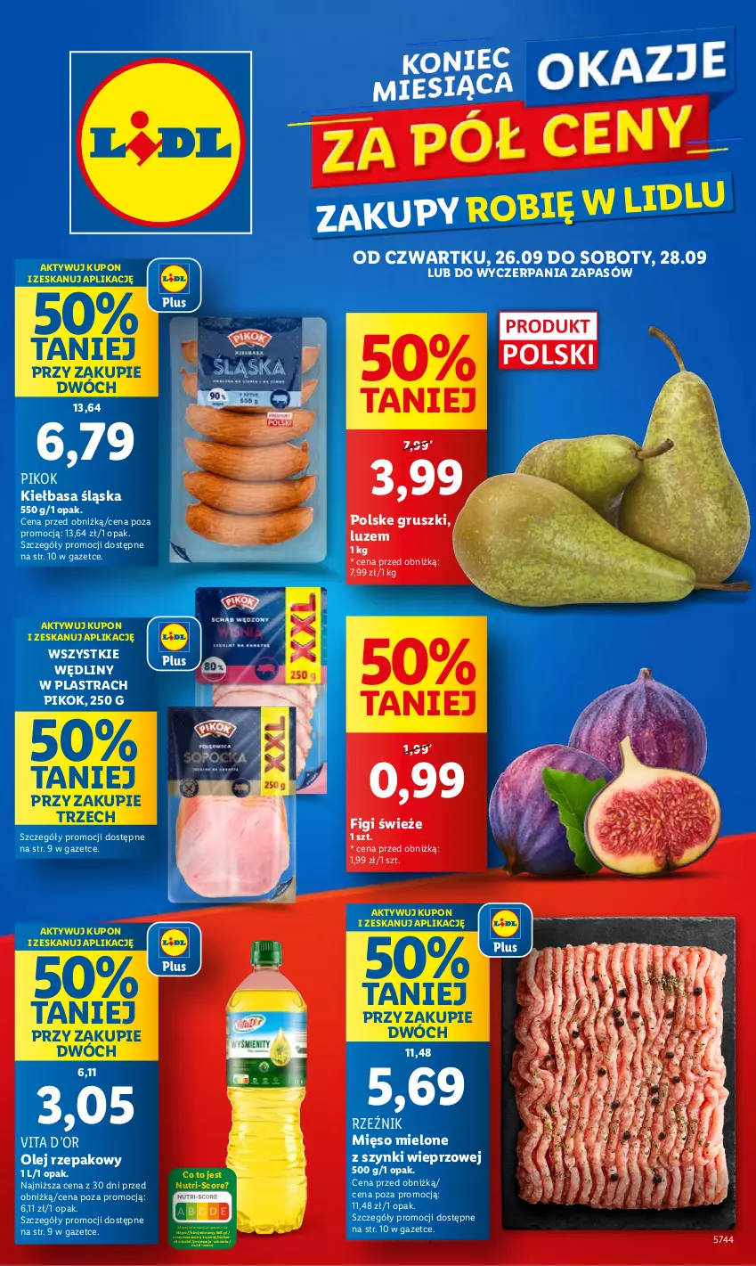 Gazetka promocyjna Lidl - GAZETKA - ważna 26.09 do 28.09.2024 - strona 1 - produkty: Figi, Gruszki, Kiełbasa, Kiełbasa śląska, Mięso, Mięso mielone, Mięso mielone z szynki, Olej, Olej rzepakowy, PIKOK, Wazon