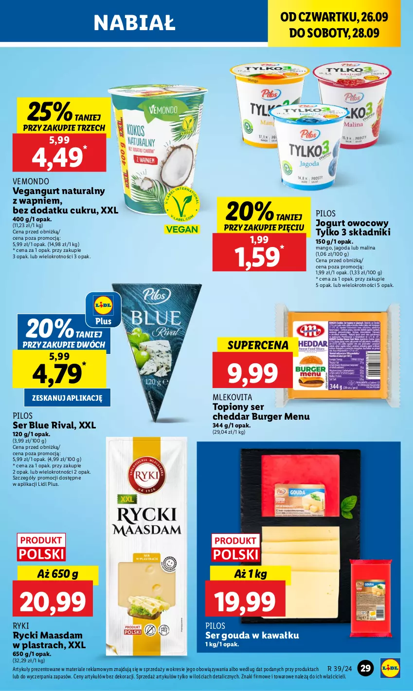 Gazetka promocyjna Lidl - GAZETKA - ważna 26.09 do 28.09.2024 - strona 35 - produkty: Burger, Cheddar, Gouda, Jogurt, Jogurt owocowy, Kawa, Maasdam, Mango, Mleko, Mlekovita, Pilos, Ser, Top, Vegangurt