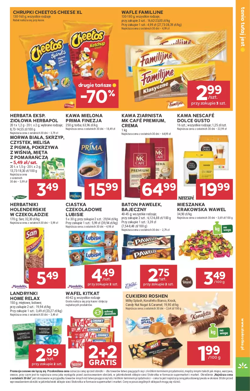 Gazetka promocyjna Stokrotka - Supermarket - ważna 10.07 do 16.07.2025 - strona 15 - produkty: Baton, Candy, Cheetos, Chrupki, Ciastka, Cukier, Cukierki, Dolce Gusto, Fa, Gra, Herbapol, Herbata, Herbatniki, Kawa, Kawa mielona, Kawa ziarnista, Lubisie, Mięso, Mięta, Nescafé, Owoce, Prima, Stek, Torba, Wafle, Warzywa, Wawel
