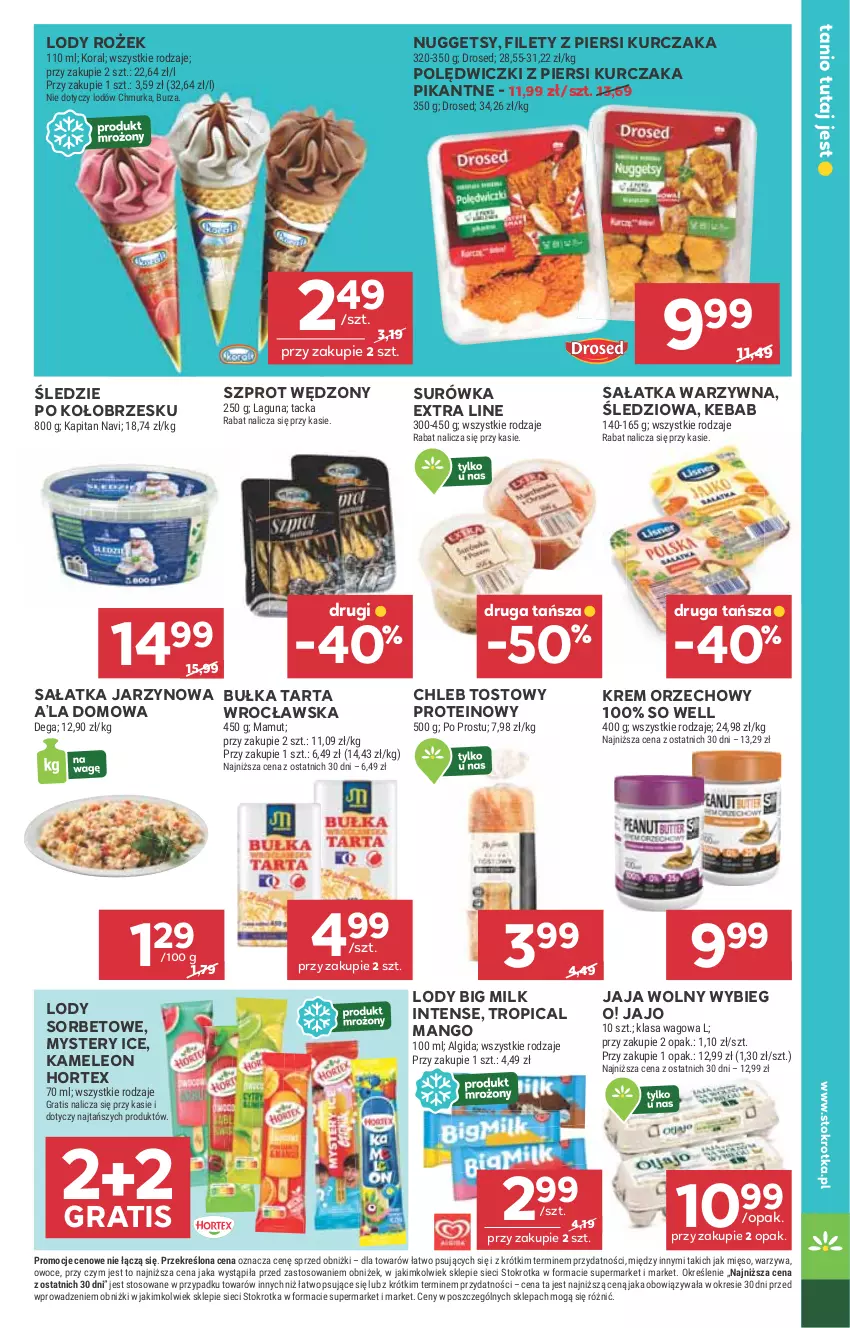 Gazetka promocyjna Stokrotka - Supermarket - ważna 10.07 do 16.07.2025 - strona 30 - produkty: Algida, Big Milk, Bułka, Bułka tarta, Chleb, Chleb tostowy, Dega, Eleo, Gra, Hortex, Jaja, Kebab, Krem orzechowy, Kurczak, Leon, LG, Lody, Mango, Mięso, Owoce, Sałat, Sałatka, Sałatka warzywna, Surówka, Szprot, Tarta, Tropical, Warzywa