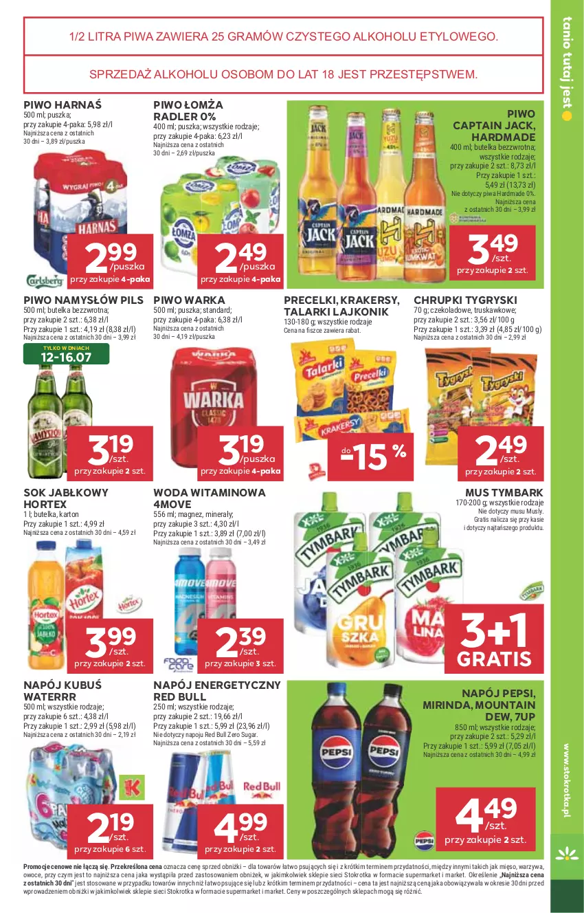 Gazetka promocyjna Stokrotka - Supermarket - ważna 10.07 do 16.07.2025 - strona 34 - produkty: 7up, Captain Jack, Chrupki, Gra, Gry, Harnaś, Hortex, Krakersy, Kubuś, Kubuś Waterrr, Lajkonik, Magnez, Mięso, Mirinda, Mus, Namysłów, Napój, Napój energetyczny, Owoce, Pepsi, Piwa, Piwo, Precelki, Radler, Red Bull, Sok, Sok jabłkowy, Tymbark, Warka, Warzywa, Woda