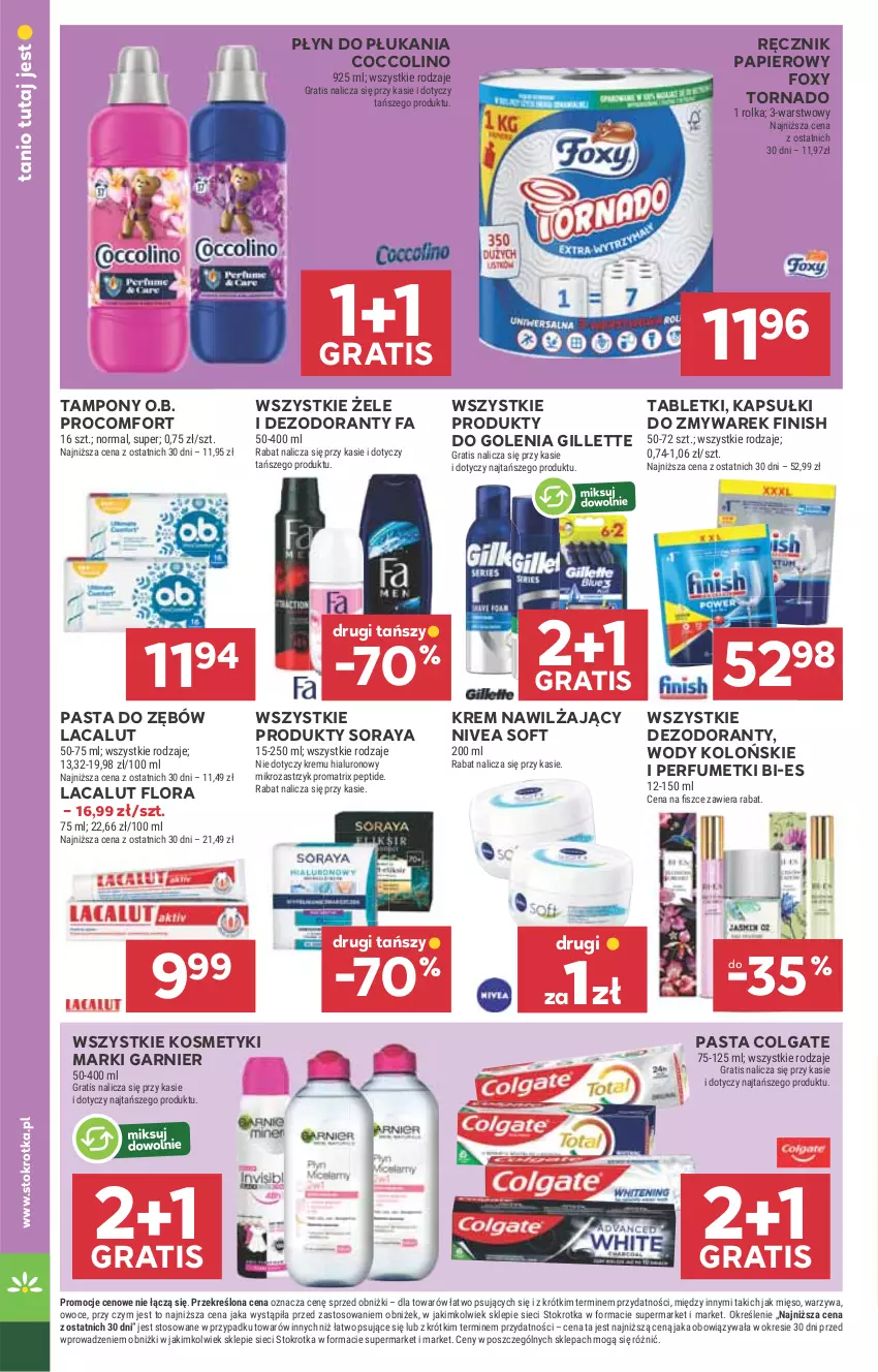 Gazetka promocyjna Stokrotka - Supermarket - ważna 10.07 do 16.07.2025 - strona 35 - produkty: Coccolino, Colgate, Dezodorant, Fa, Finish, Flora, Foxy, Garnier, Gillette, Gra, Krem nawilżający, Lacalut, LG, Mięso, Nivea, O.B., Owoce, Papier, Pasta do zębów, Perfum, Płyn do płukania, Produkty do zmywarek, Ręcznik, Tablet, Tampony, Warzywa