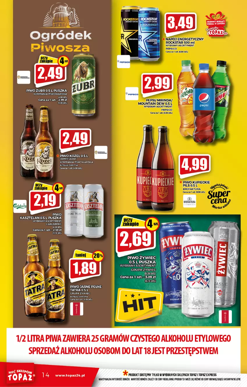 Gazetka promocyjna Topaz - Gazetka - ważna 07.01 do 12.01.2022 - strona 14 - produkty: Carlsberg, Fa, Gra, Kasztelan, Kozel, Kupiec, Mirinda, Pepsi, Piec, Piwa, Piwo, Piwo jasne, Sok, Tatra, Top