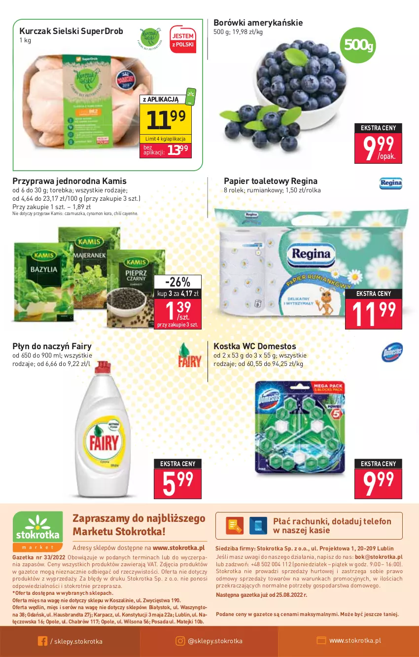 Gazetka promocyjna Stokrotka - Market - ważna 18.08 do 24.08.2022 - strona 12 - produkty: Domestos, Fa, Fairy, Gin, Kamis, Karp, Kosz, Kurczak, O nas, Papier, Papier toaletowy, Rum, Ser, Szal, Telefon, Torebka, Wagi, Wilson