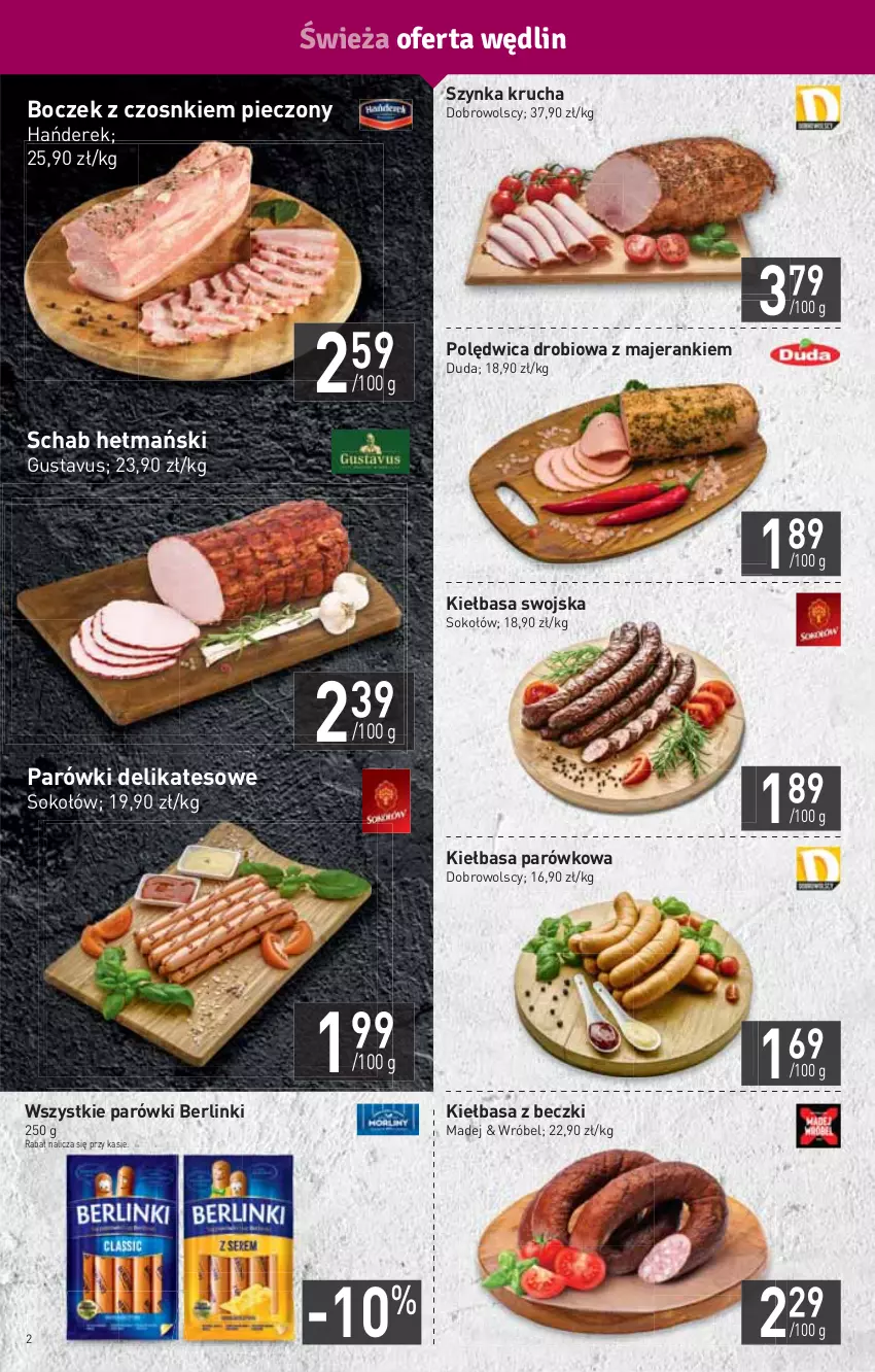 Gazetka promocyjna Stokrotka - Market - ważna 18.08 do 24.08.2022 - strona 2 - produkty: Berlinki, Boczek, Duda, HP, Kiełbasa, Parówki, Piec, Polędwica, Sok, Sokołów, Szynka