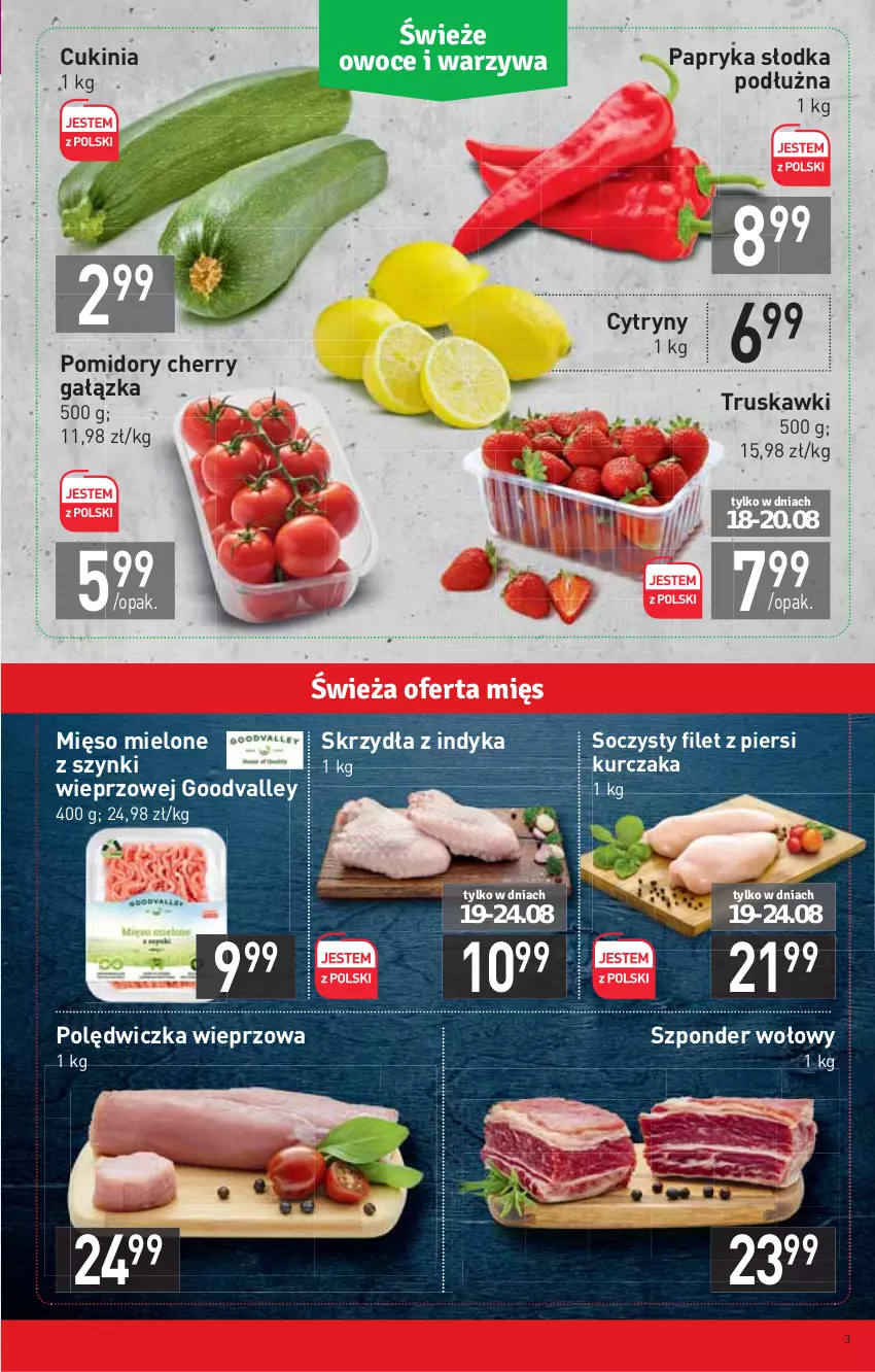 Gazetka promocyjna Stokrotka - Market - ważna 18.08 do 24.08.2022 - strona 3 - produkty: Cytryny, Filet z piersi kurczaka, Kurczak, Mięso, Mięso mielone, Mięso mielone z szynki, Papryka, Papryka słodka, Polędwiczka wieprzowa, Pomidory, Szponder wołowy, Truskawki