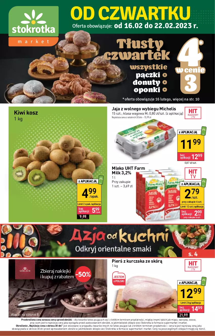 Gazetka promocyjna Stokrotka - Market - ważna 16.02 do 22.02.2023 - strona 1 - produkty: Donut, Fa, Farm Milk, Jaja, Jaja z wolnego wybiegu, Kiwi, Klej, Kosz, Kurczak, Mięso, Mleko, Nuty, Owoce, Warzywa