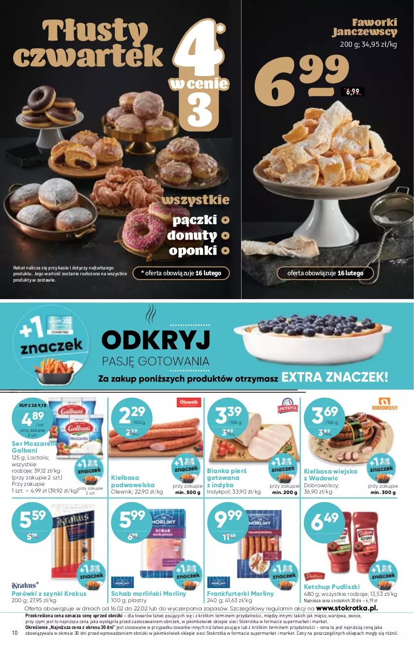 Gazetka promocyjna Stokrotka - Market - ważna 16.02 do 22.02.2023 - strona 10 - produkty: Bianka, Donut, Fa, Faworki, Frankfurterki, Galbani, Ketchup, Kiełbasa, Kiełbasa podwawelska, Kiełbasa wiejska, Krakus, Mięso, Morliny, Mozzarella, Nuty, Olewnik, Owoce, Parówki, Parówki z szynki, Pudliszki, Ser, Warzywa, Wawel