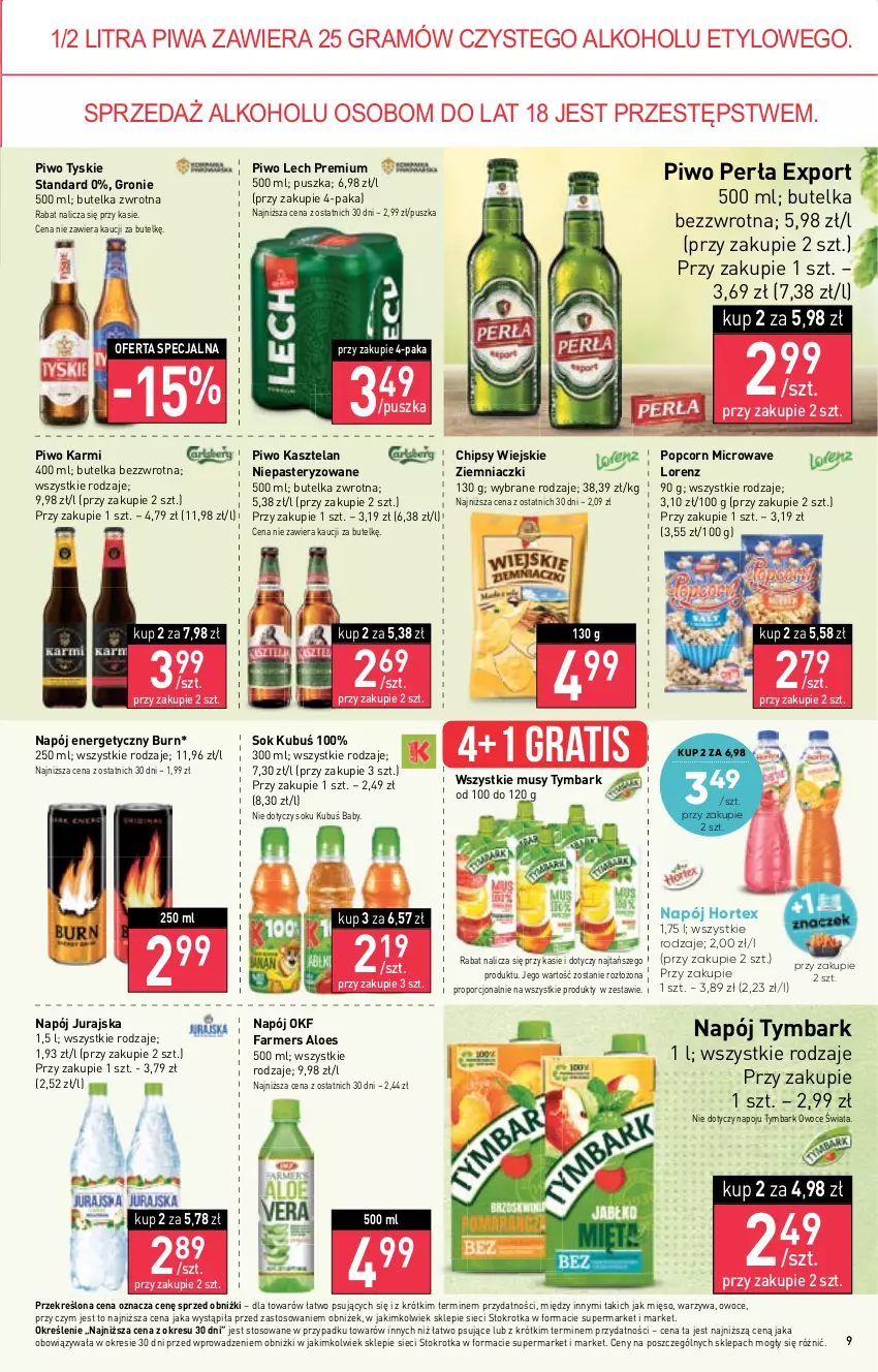 Gazetka promocyjna Stokrotka - Market - ważna 16.02 do 22.02.2023 - strona 9 - produkty: Chipsy, Fa, Farmers Aloes, Gra, Hortex, Karmi, Kasztelan, Kubuś, Lech Premium, Lorenz, Mięso, Mus, Napój, Napój energetyczny, Owoce, Perła, Piwa, Piwo, Popcorn, Por, Sok, Tymbark, Tyskie, Warzywa