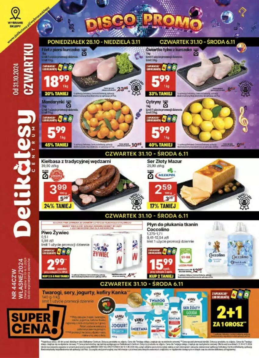 Gazetka promocyjna Delikatesy Centrum - ważna 31.10 do 06.11.2024 - strona 1 - produkty: Coccolino, Jogurt, Kefir, Kiełbasa, Piwo, Płyn do płukania, Ser, Złoty Mazur