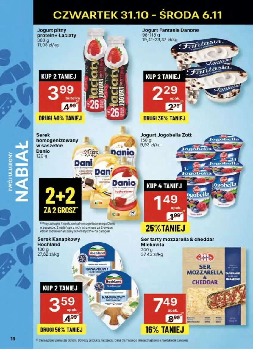 Gazetka promocyjna Delikatesy Centrum - ważna 31.10 do 06.11.2024 - strona 10 - produkty: Bell, Bella, Cheddar, Danio, Danone, Fa, Fanta, Hochland, Jogobella, Jogurt, Jogurt pitny, Mozzarella, Ser, Serek, Serek kanapkowy, Zott