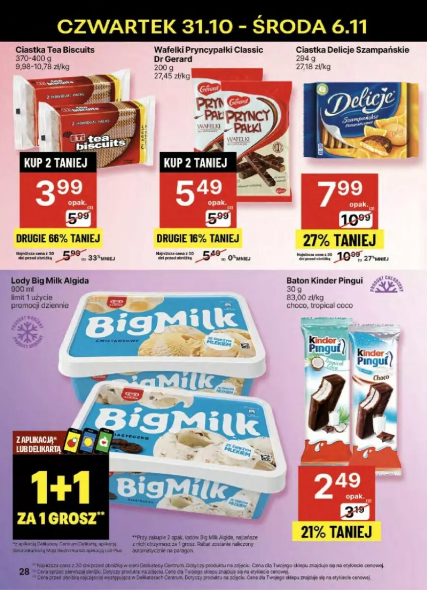 Gazetka promocyjna Delikatesy Centrum - ważna 31.10 do 06.11.2024 - strona 21 - produkty: Algida, Baton, Big Milk, Ciastka, Delicje, Dr Gerard, Kinder, LG, Lody, Tropical