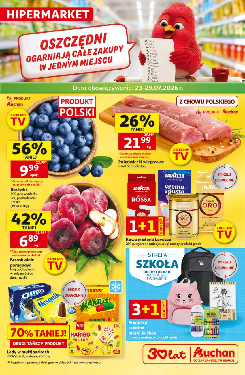 Gazetka promocyjna Auchan - 30 Lat Hipermarket - ważna 23.07 do 29.07.2026 - strona 1 - produkty: Brzoskwinie, Fa, Gra, Jabłka, Kawa, Kawa mielona, Lavazza, Lody, Mydło, Ręcznik