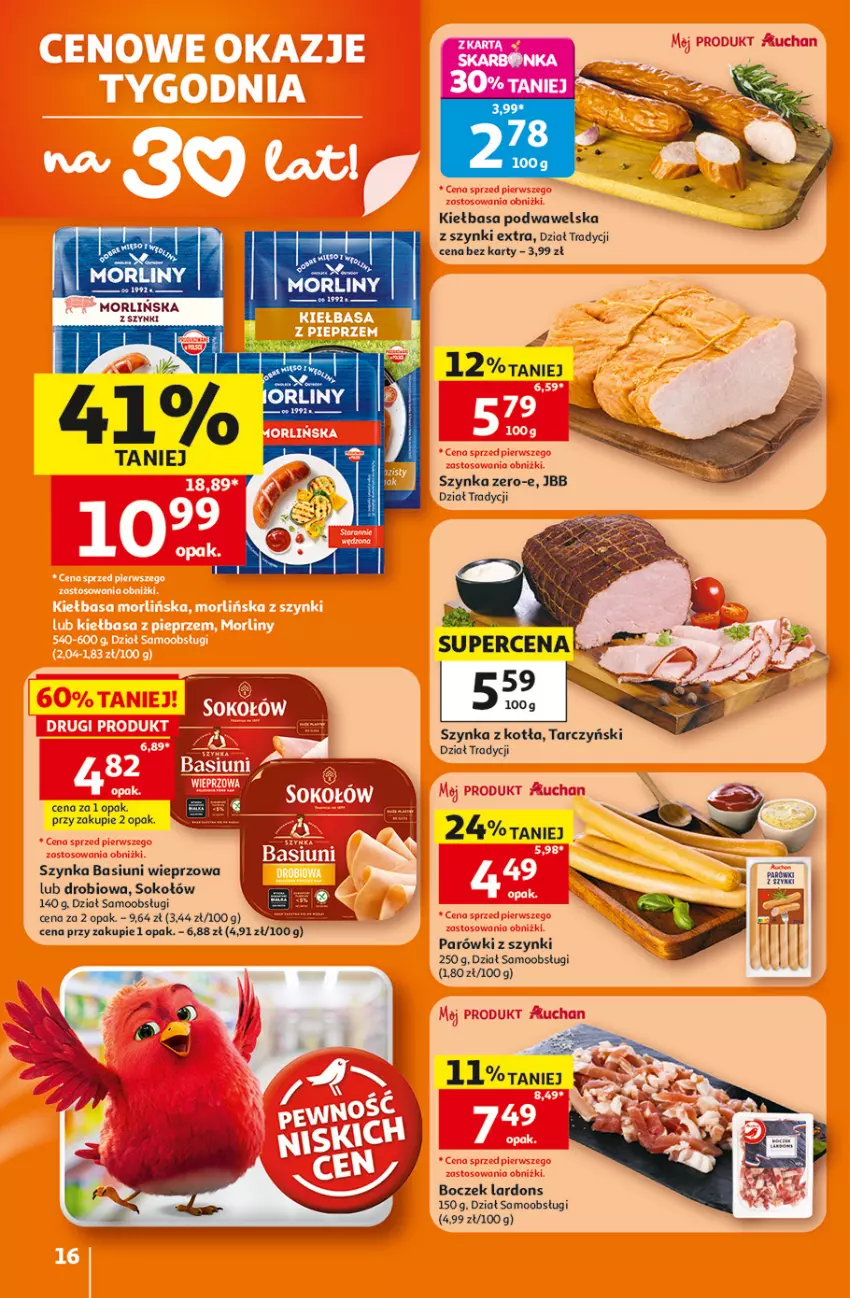 Gazetka promocyjna Auchan - 30 Lat Hipermarket - ważna 23.07 do 29.07.2026 - strona 16 - produkty: Boczek, Kiełbasa, Kiełbasa podwawelska, Morliny, Parówki, Parówki z szynki, Sok, Sokołów, Szynka, Tarczyński, Wawel