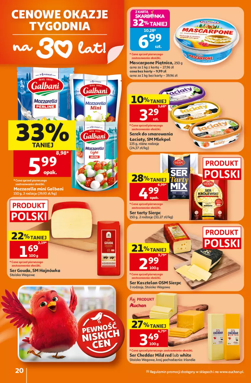 Gazetka promocyjna Auchan - 30 Lat Hipermarket - ważna 23.07 do 29.07.2026 - strona 20 - produkty: Cheddar, Gouda, Kasztelan, Mozzarella, Piątnica, Ser, Ser Kasztelan, Serek