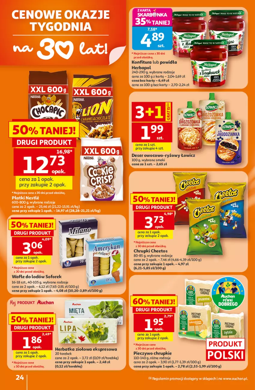 Gazetka promocyjna Auchan - 30 Lat Hipermarket - ważna 23.07 do 29.07.2026 - strona 24 - produkty: Cheetos, Chrupki, Deser, Herbapol, Jagodzianka, Konfitura, Piec, Pieczywo, Pieczywo chrupkie, Ryż, Ser, Wafle, Wafle do lodów