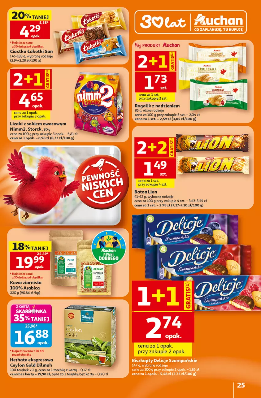 Gazetka promocyjna Auchan - 30 Lat Hipermarket - ważna 23.07 do 29.07.2026 - strona 25 - produkty: Baton, BIC, Ciastka, Dilmah, Herbata, Kawa, Kawa ziarnista, Lion, Lizaki, Nimm2, Rogal, Sok