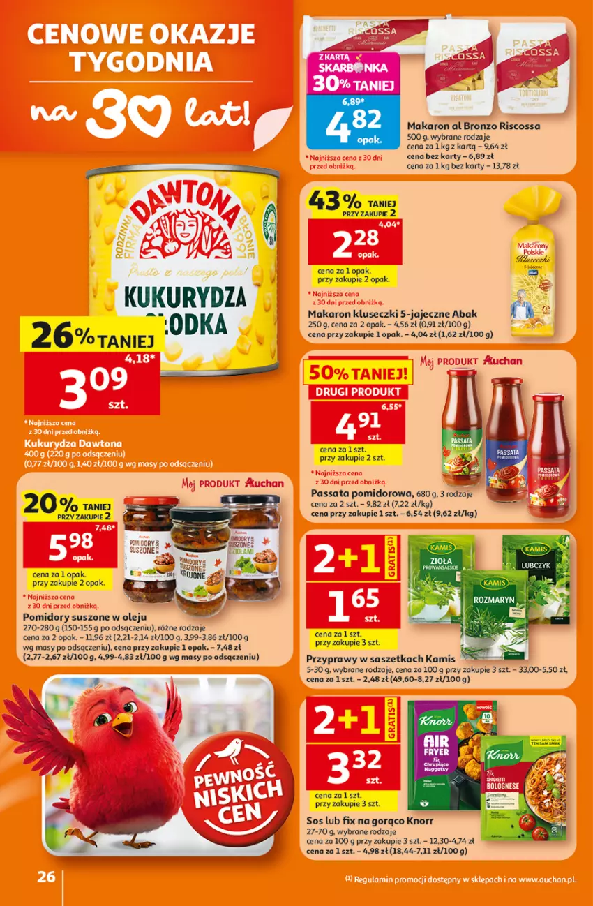 Gazetka promocyjna Auchan - 30 Lat Hipermarket - ważna 23.07 do 29.07.2026 - strona 26 - produkty: Kamis, Knorr, Kukurydza, Makaron, Olej, Pomidory, Przyprawy, Sok, Sos
