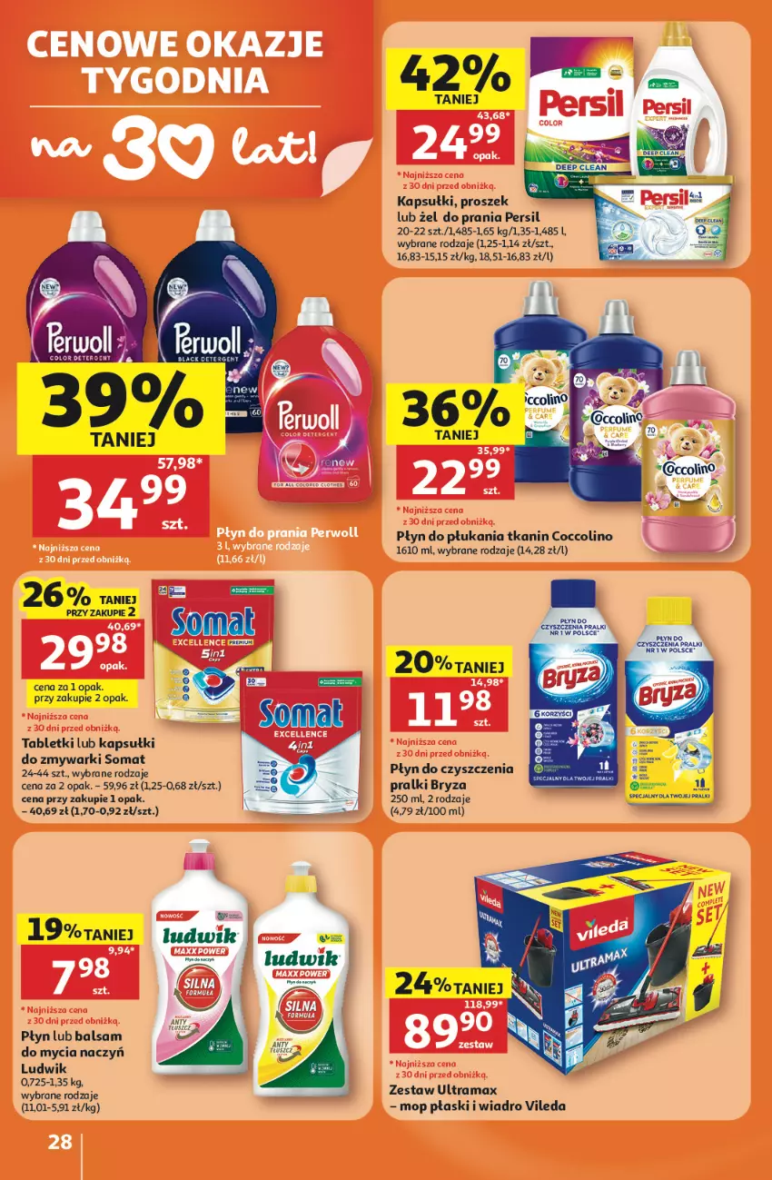 Gazetka promocyjna Auchan - 30 Lat Hipermarket - ważna 23.07 do 29.07.2026 - strona 28 - produkty: Balsam do mycia naczyń, Bryza, Coccolino, Do mycia naczyń, Lack, Ludwik, Mop, Persil, Płyn do płukania, Pralki, Rama, Somat, Tablet, Vileda, Wiadro, Zmywarki