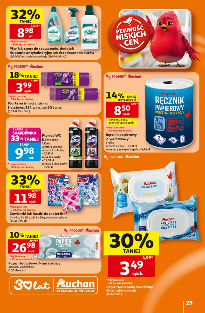 Gazetka promocyjna Auchan - 30 Lat Hipermarket - ważna 23.07 do 29.07.2026 - strona 29 - produkty: Bref, Dezodorant, Domestos, Papier, Papier toaletowy, Płyn do wc, Ręcznik, Spray do czyszczenia, Worki na śmiec, Worki na śmieci, Zawieszki