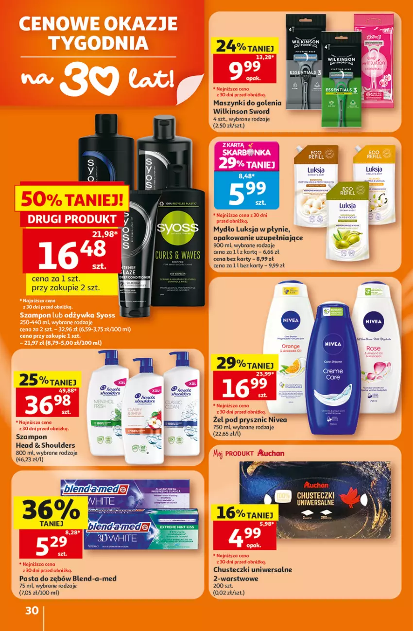 Gazetka promocyjna Auchan - 30 Lat Hipermarket - ważna 23.07 do 29.07.2026 - strona 30 - produkty: Blend-a-Med, Chusteczki, Luksja, Mydło, Nivea, Pasta do zębów, Szampon, Wilkinson Sword