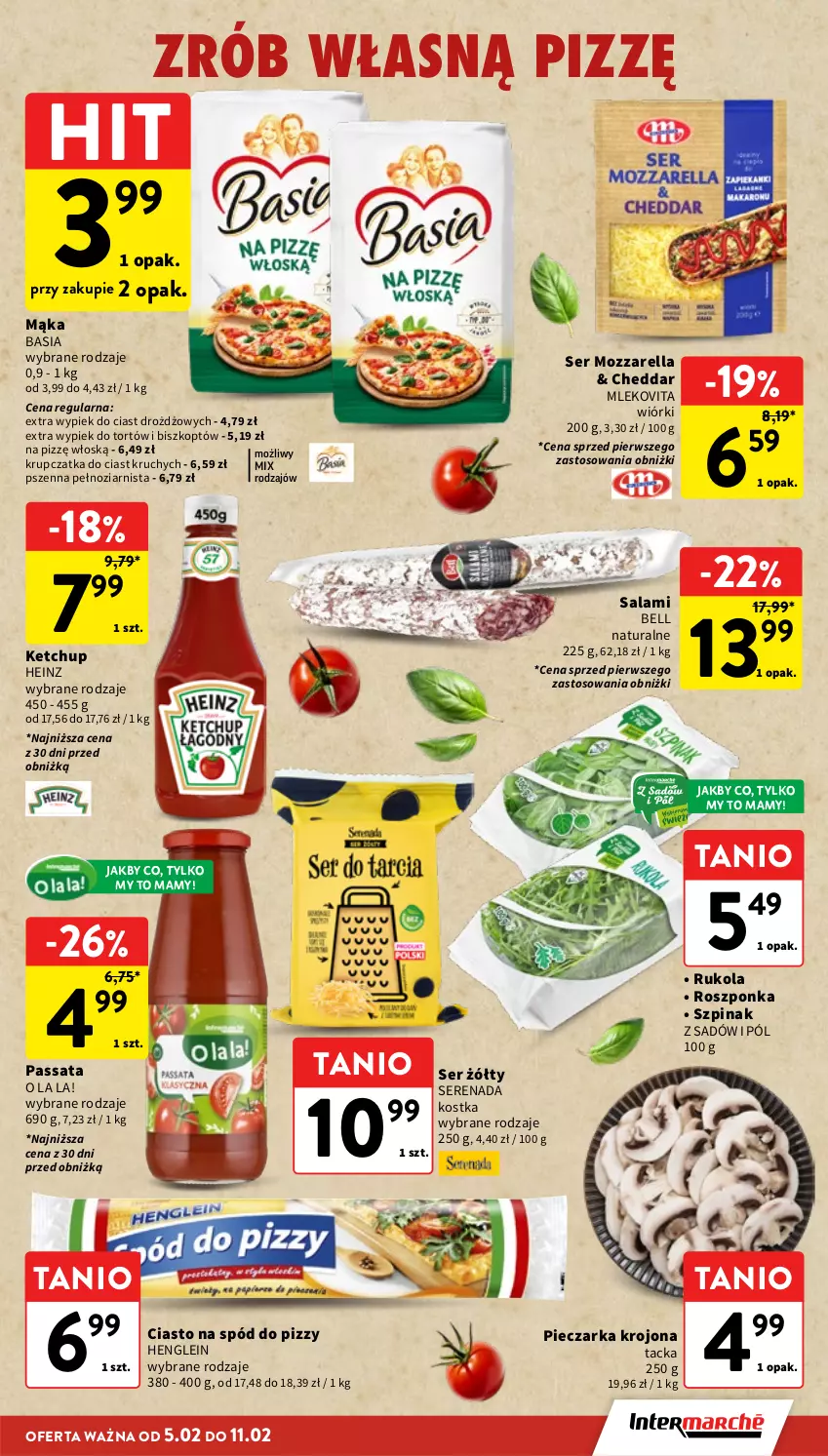 Gazetka promocyjna Intermarche - Gazetka promocyjna - ważna 05.02 do 11.02.2026 - strona 25 - produkty: Basia, Bell, Cheddar, Heinz, Ketchup, Mąka, Mleko, Mlekovita, Mozzarella, Piec, Pieczarka, Roszponka, Rukola, Salami, Ser, Spód do pizzy, Szpinak