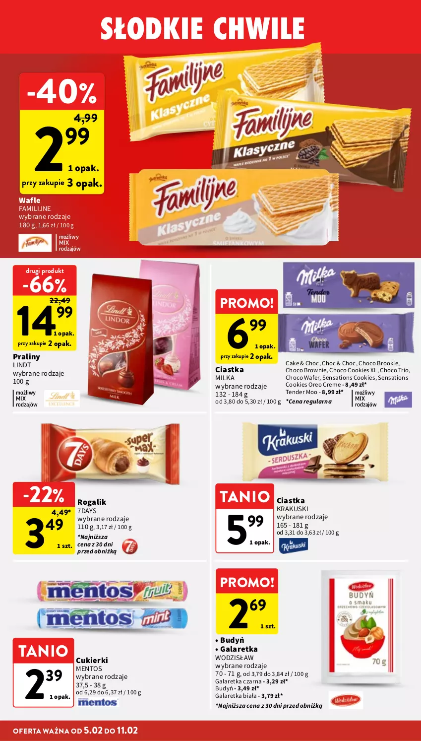 Gazetka promocyjna Intermarche - Gazetka promocyjna - ważna 05.02 do 11.02.2026 - strona 28 - produkty: Brownie, Budyń, Ciastka, Cukier, Cukierki, Fa, Gala, Galaretka, Krakus, Krakuski, Lindt, Mentos, Milka, Oreo, Praliny, Rogal, Sati, Wafle