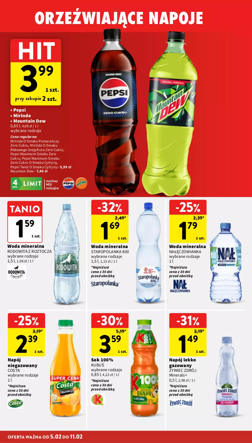 Gazetka promocyjna Intermarche - Gazetka promocyjna - ważna 05.02 do 11.02.2026 - strona 32 - produkty: Cytryny, Grejpfrut, Kubuś, Mirinda, Nałęczowianka, Napój, Napój niegazowany, Napoje, Pepsi, Pepsi max, Sok, Staropolanka, Woda, Woda mineralna
