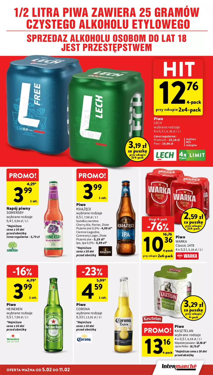 Gazetka promocyjna Intermarche - Gazetka promocyjna - ważna 05.02 do 11.02.2026 - strona 33 - produkty: Heineken, Kasztelan, Książęce, Napój, Piwo, Por, Somersby, Warka