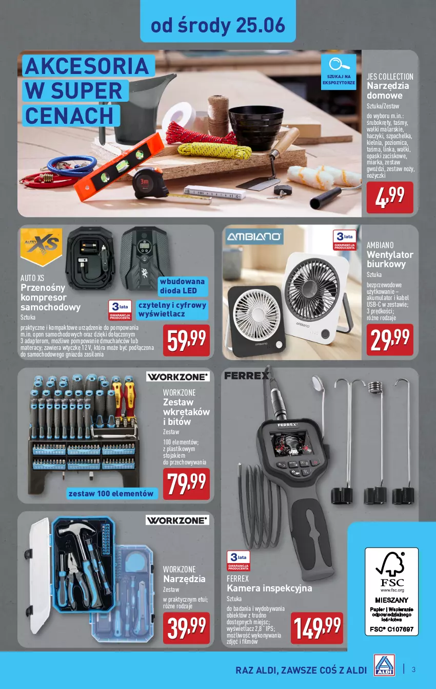 Gazetka promocyjna Aldi - Artykuły przemysłowe i tekstylia - ważna 25.06 do 28.06.2025 - strona 3 - produkty: Akumulator, Biurko, Haczyk, Inka, Kabel USB, Kamera, Kompresor, Materac, Miarka, Noż, Nożyczki, Poziomica, Silan, Stojak, Tera, Wkręt, Zestaw wkrętaków