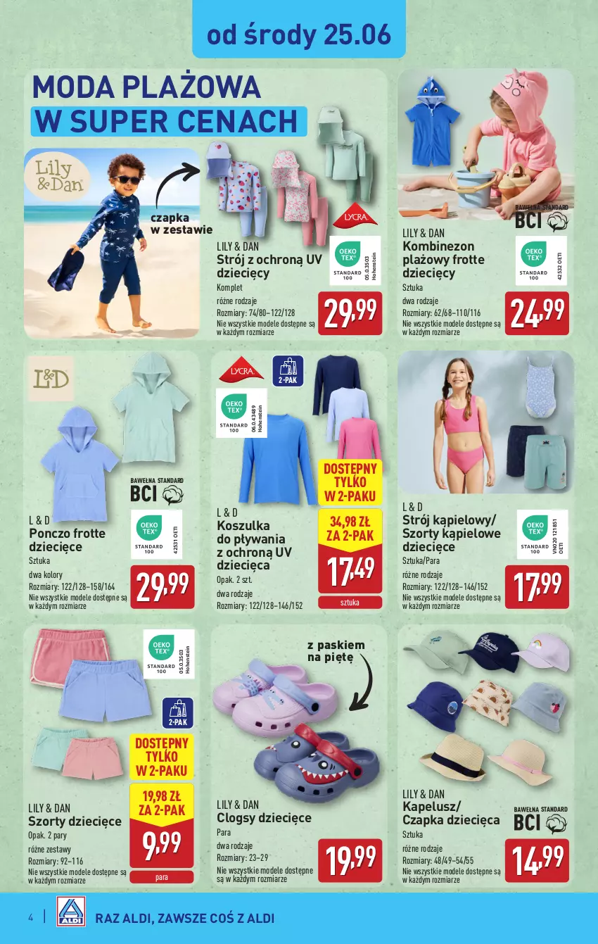 Gazetka promocyjna Aldi - Artykuły przemysłowe i tekstylia - ważna 25.06 do 28.06.2025 - strona 4 - produkty: Clogsy, Czapka, Dzieci, Kombinezon, Kosz, Koszulka, Moda, Ponczo, Strój kąpielowy, Szorty