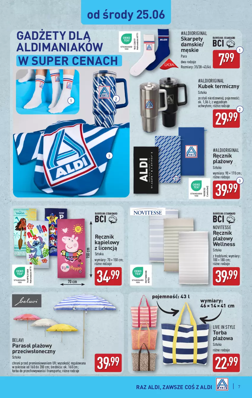 Gazetka promocyjna Aldi - Artykuły przemysłowe i tekstylia - ważna 25.06 do 28.06.2025 - strona 7 - produkty: Dior, Gin, HP, Karp, Kubek, Kubek termiczny, Parasol, Por, Ręcznik, Ręcznik kąpielowy, Sok, Sport, Torba, Tran