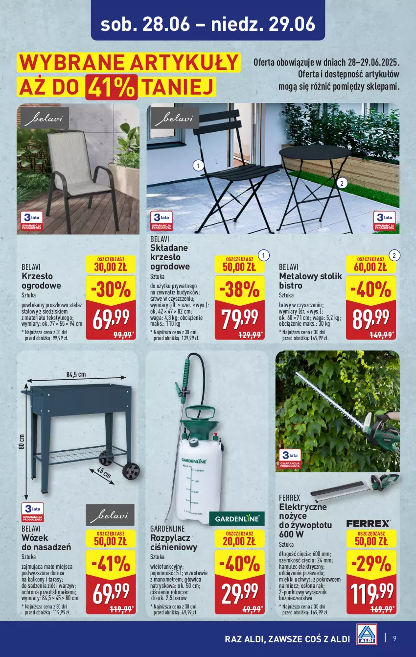 Gazetka promocyjna Aldi - Artykuły przemysłowe i tekstylia - ważna 25.06 do 28.06.2025 - strona 9 - produkty: Krzesło, Krzesło ogrodowe, Miecz, Mule, Noż, Nożyce, O nas, Piec, Stolik, Waga, Wózek