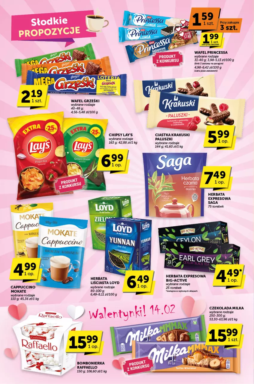 Gazetka promocyjna ABC - ważna 06.02 do 18.02.2025 - strona 6 - produkty: Cappuccino, Chipsy, Ciastka, Czekolada, Fa, Grześki, Herbata, Krakus, Krakuski, Loyd, Milka, Princessa, Raffaello, Saga