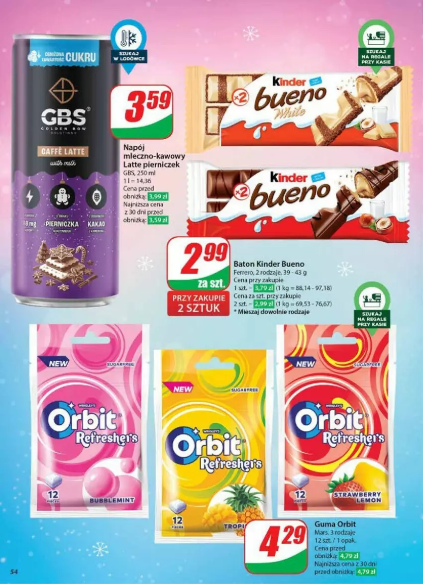 Gazetka promocyjna Dino - ważna 11.12 do 17.12.2024 - strona 50 - produkty: Baton, Ferrero, Kinder, Kinder Bueno, Mars, Napój, Orbit