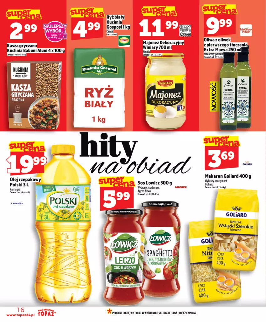 Gazetka promocyjna Topaz - Gazetka - ważna 12.03 do 18.03.2026 - strona 16 - produkty: Babuni, Cenos, Fa, Goliard, Gra, Gry, Kasza, Kasza gryczana, Kuchnia, Majonez, Makaron, Olej, Olej rzepakowy, Oliwa, Oliwa z oliwek, Ryż, Ryż biały, Sos, Top, Winiary