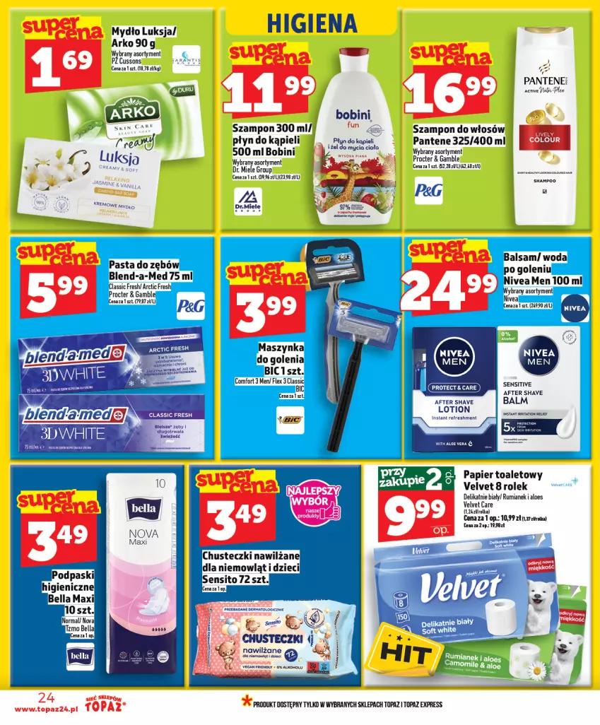 Gazetka promocyjna Topaz - Gazetka - ważna 12.03 do 18.03.2026 - strona 24 - produkty: Aloe vera, BIC, Dzieci, Luksja, Maszynka, Maszynka do golenia, Mydło, Nivea, Pantene, Papier, Papier toaletowy, Pasta do zębów, Płyn do kąpieli, Rum, Szampon, Szynka, Top, Velvet, Woda