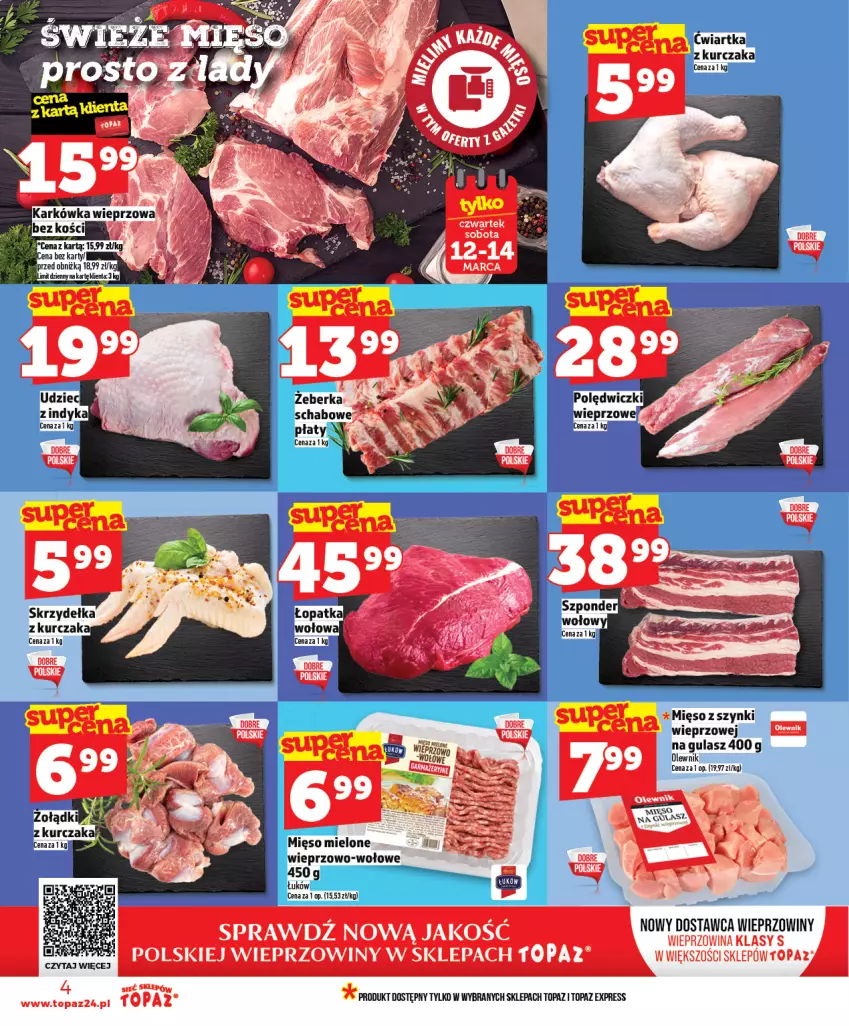 Gazetka promocyjna Topaz - Gazetka - ważna 12.03 do 18.03.2026 - strona 4 - produkty: Karkówka wieprzowa, Mięso, Olewnik, Top