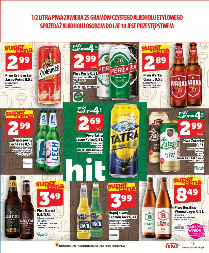 Gazetka promocyjna Topaz - Gazetka - ważna 12.03 do 18.03.2026 - strona 9 - produkty: Carlsberg, Fa, Karmi, Królewski, Napój, Piwo, Top, Warka