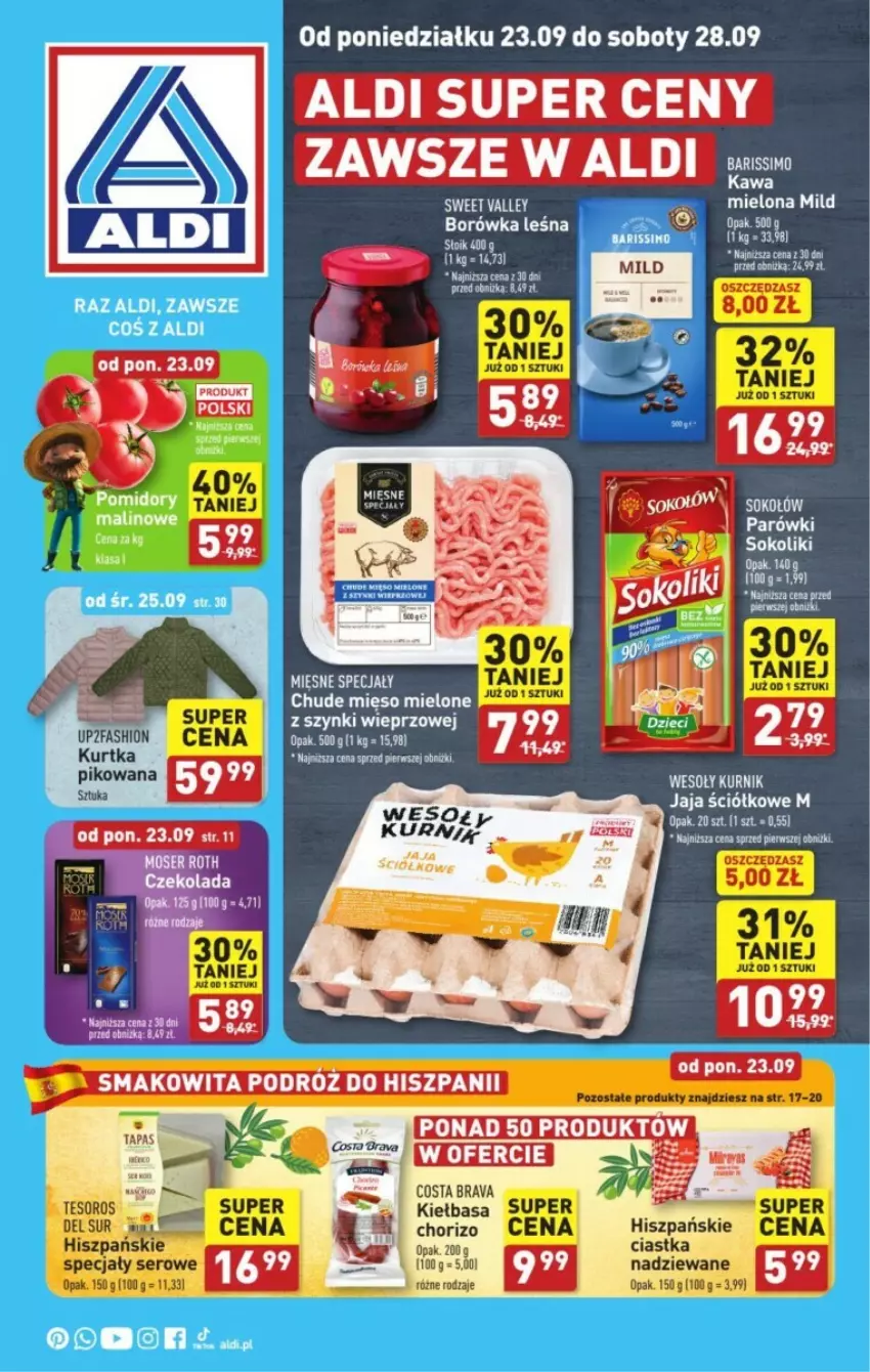 Gazetka promocyjna Aldi - ważna 23.09 do 29.09.2024 - strona 1 - produkty: Borówka, Fa, Jaja, Kiełbasa, Kurtka, Mięso, Mięso mielone, Parówki, Pomidory, Sok, Sokołów