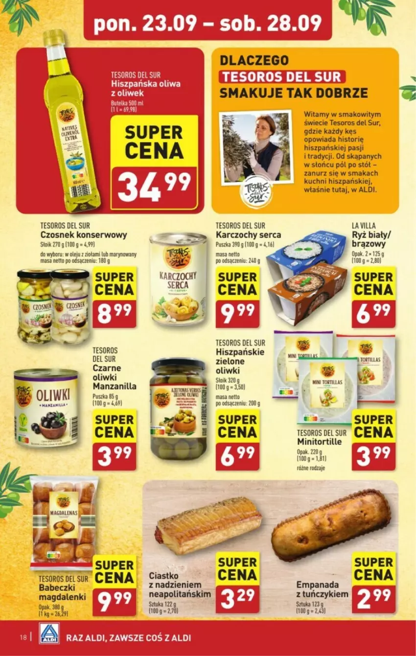 Gazetka promocyjna Aldi - ważna 23.09 do 29.09.2024 - strona 10 - produkty: Babeczki, Czosnek, Karczochy, Olej, Oliwa, Oliwki, Ryż, Ryż biały, Ser, Stół, Tortilla, Tuńczyk