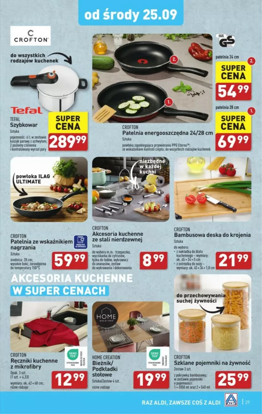 Gazetka promocyjna Aldi - ważna 23.09 do 29.09.2024 - strona 22 - produkty: Ananas, Bieżnik, Deska do krojenia, Fa, Noż, Patelnia, Podkład, Pojemnik, Sok, Szybkowar, Tefal, Trzepaczka, Wyciskarka