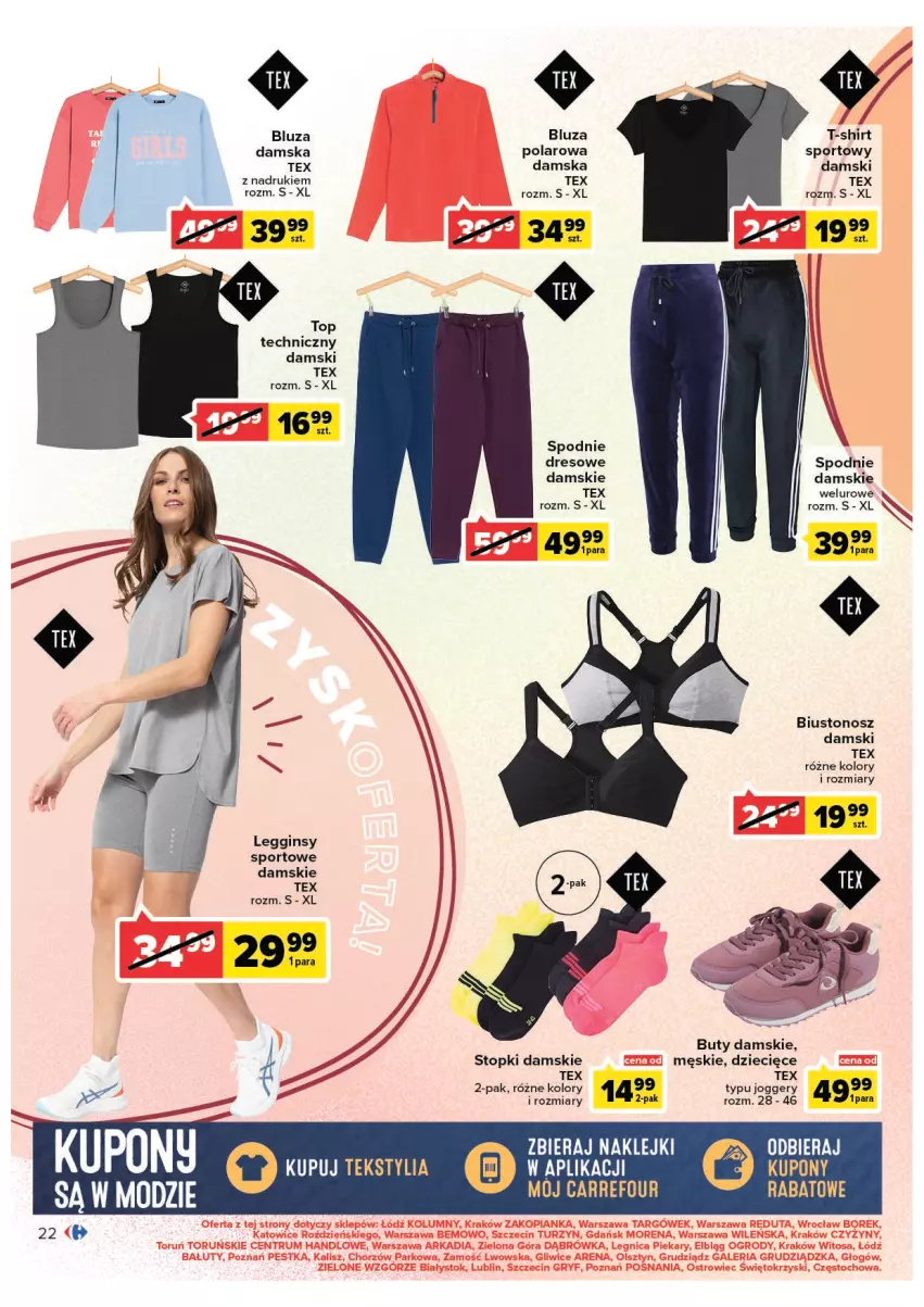 Gazetka promocyjna Carrefour - Gazetka Jesienna uroda pełna uroku - ważna 13.09 do 24.09.2022 - strona 22 - produkty: Biustonosz, Bluza, Bluza polarowa, Buty, Dres, Dzieci, Gin, Klej, Legginsy, Por, Spodnie, Spodnie dresowe, Sport, T-shirt, Top