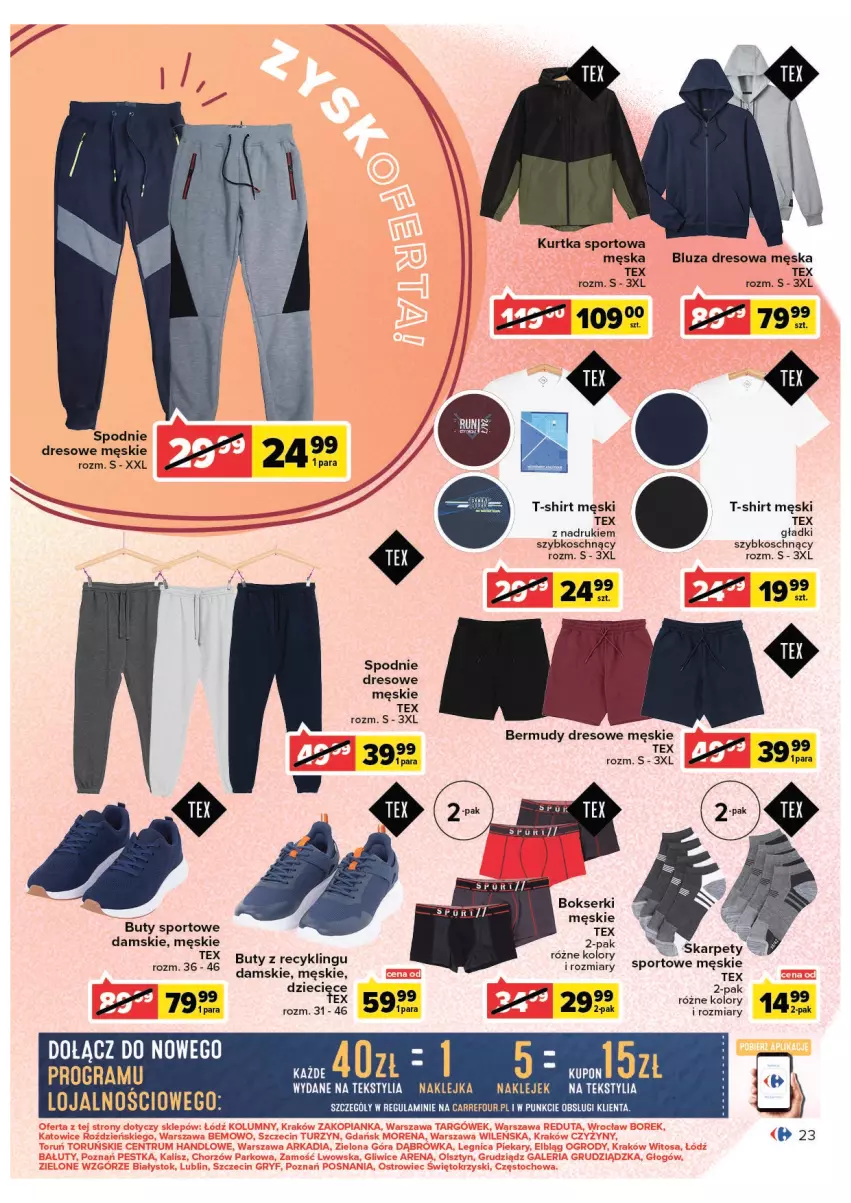 Gazetka promocyjna Carrefour - Gazetka Jesienna uroda pełna uroku - ważna 13.09 do 24.09.2022 - strona 23 - produkty: Bermudy, Bluza, Bluza dresowa, Bokserki, Buty, Dres, Dzieci, Karp, Klej, Kurtka, Por, Ser, Spodnie, Spodnie dresowe, Sport, T-shirt