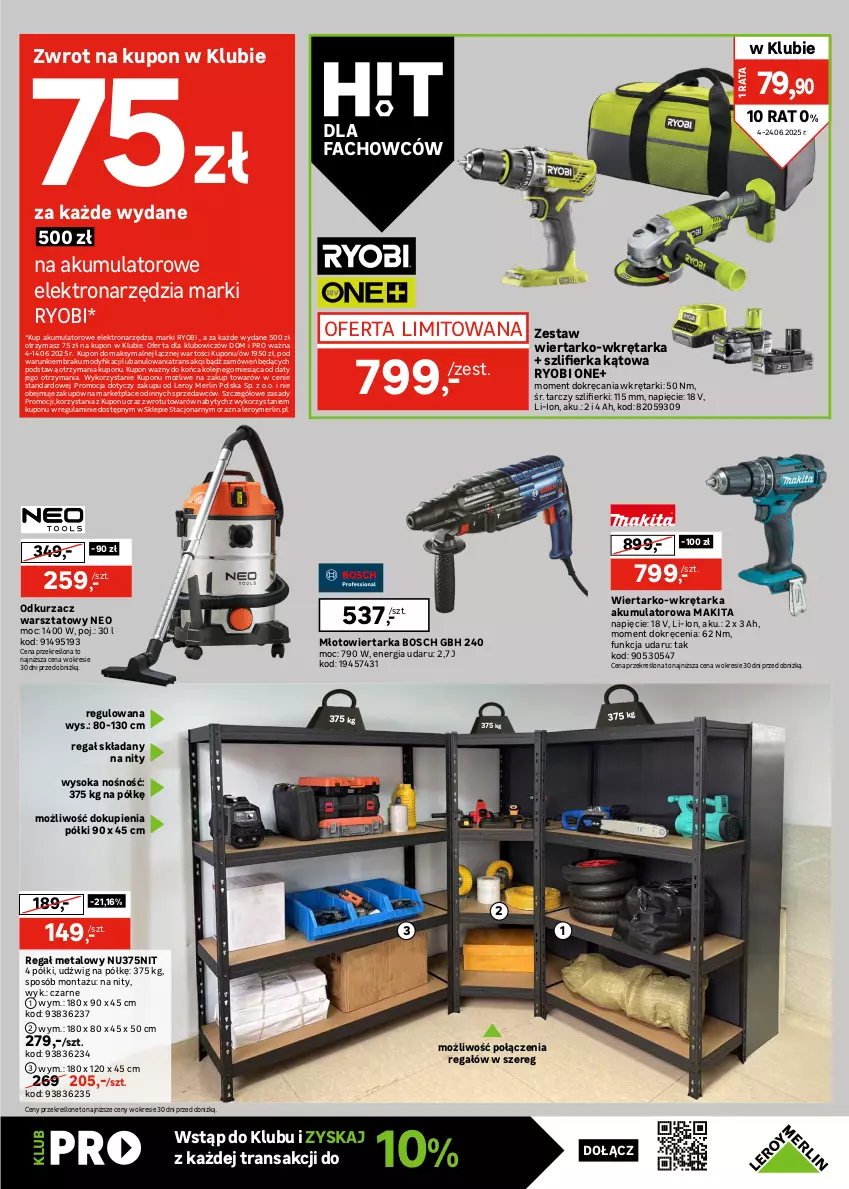 Gazetka promocyjna Leroy Merlin - Gazetka Leroy Merlin - ważna 04.06 do 24.06.2025 - strona 23 - produkty: Akumulator, Bosch, Dźwig, Fa, Gniazdo pojedyncze, Gra, Grzejnik, Makita, Młot, Młotowiertarka, Odkurzacz, Odkurzacz warsztatowy, Ogrzewacz wody, Olej, Przewód, Ramka, Regał, Regał metalowy, Rura, Ser, Sok, Szlifierka, Szlifierka kątowa, Tarka, Tran, Wiertarka, Wkręt, Wkrętarka, Włącznik podwójny, Włącznik pojedynczy