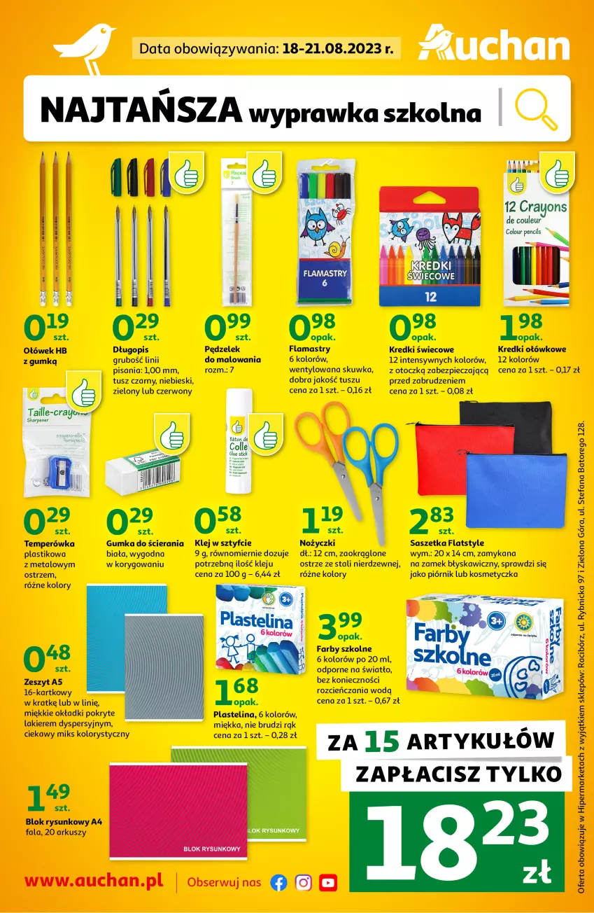 Gazetka promocyjna Auchan - Gazetka NAJTAŃSZA Wyprawka Szkolna Hipermarket Auchan - ważna 18.08 do 21.08.2023 - strona 1 - produkty: Baton, Cień, Długopis, Fa, Flamastry, Klej, Kosmetyczka, Lakier, Noż, Nożyczki, Piec, Piórnik, Plastelina, Por, Ser, Sharp, Tusz