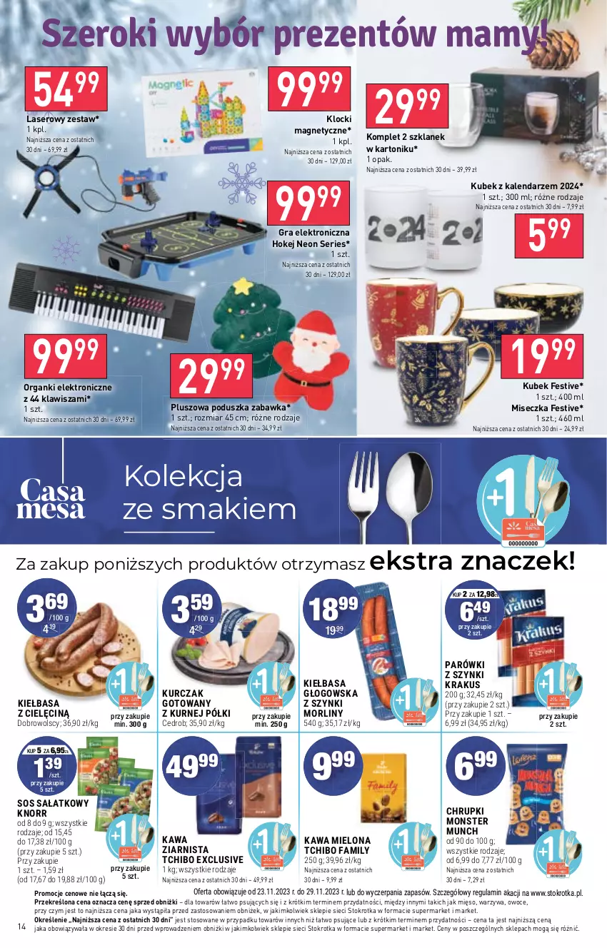 Gazetka promocyjna Stokrotka - Market - ważna 23.11 do 29.11.2023 - strona 15 - produkty: Chrupki, Gra, Kalendarz, Kawa, Kawa mielona, Kiełbasa, Kiełbasa głogowska, Klocki, Knorr, Krakus, Kubek, Kurczak, Mięso, Miseczka, Monster Munch, Morliny, Owoce, Poduszka, Ser, Sos, Tonik, Warzywa, Zabawka