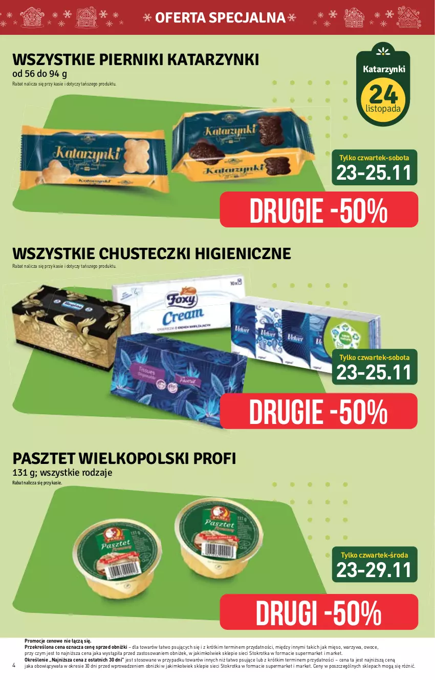 Gazetka promocyjna Stokrotka - Market - ważna 23.11 do 29.11.2023 - strona 4 - produkty: Chusteczki, Mięso, Owoce, Pasztet, Piernik, Top, Warzywa